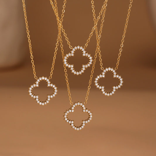 Hollow four-leaf clover full diamond pendant necklace bracelet set